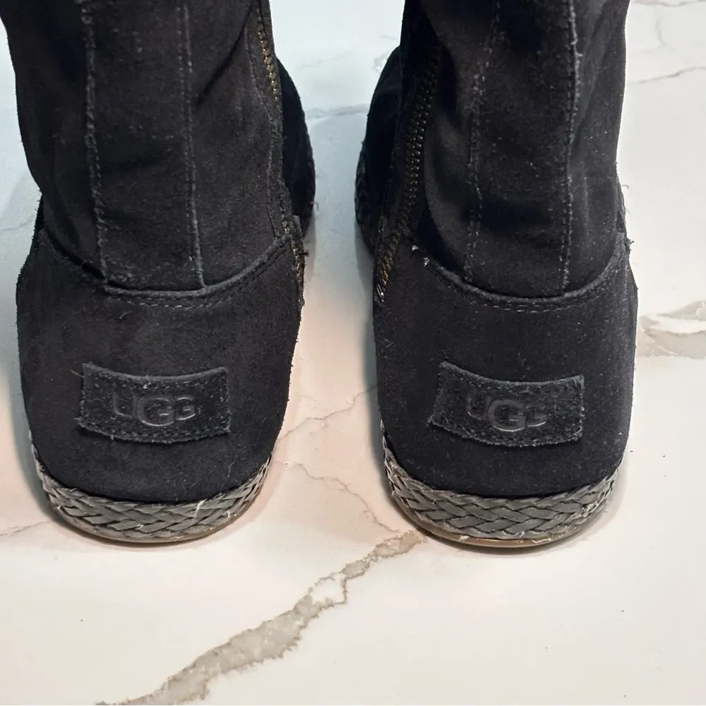 UGG Emerie Women’s Black Leather Suede Tall Moccasin Boots Zipper Tassels 10